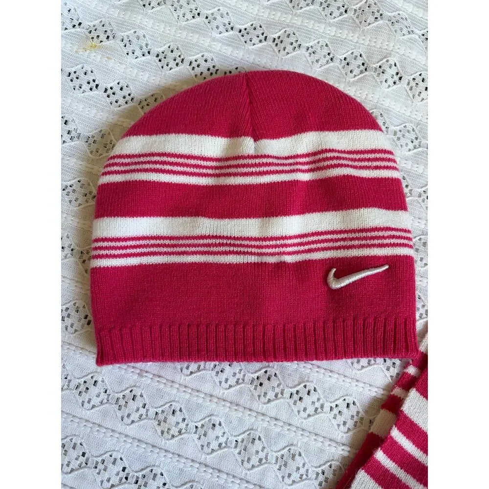 Nike Toddler Pink White Knit Beanie Hat & Scarf Set Swoosh Winter Cold Weather